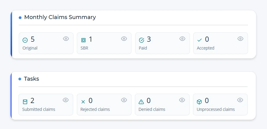 PinkyBill dashboard cards: monthly claims summary and claim tasks